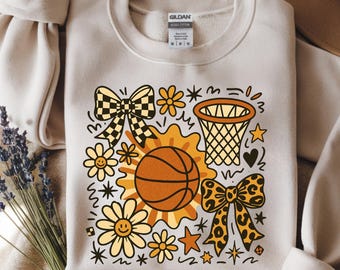 Retro Boho Basketball PNG, Floral Doodles, Bogen Clipart (digitaler Download)