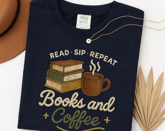 Bücher und Kaffee PNG Design Lesen Sip Wiederholung Digitale Datei für Buchliebhaber T-Shirt Lesung, Buchclub T-Shirt Design, faux Stickerei Kaffee png