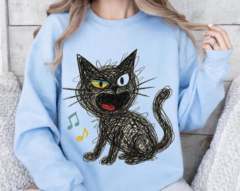 Wunderliche schwarze Katze PNG Design, Scribble Kitty mit Musiknoten, niedliche lustige Katzen Clipart für Shirts, Tassen, Aufkleber, Sublimationskatze, Katzenmutter