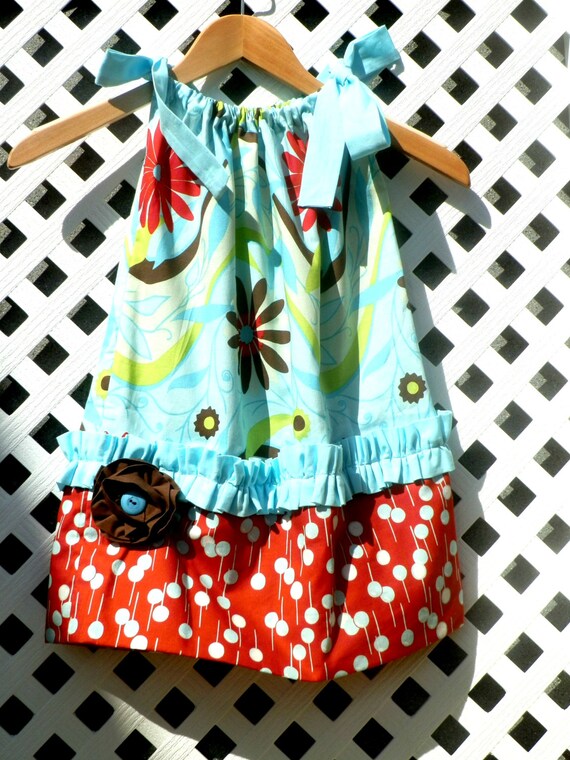 Items similar to Girls Pillowcase Dress in Red, Light Torquoise and