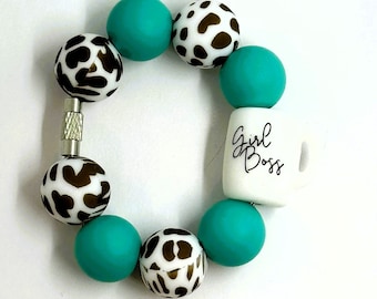 Girl Boss Cup Charm: Brown Cow & Aqua Silicone Bead Tumbler Charm