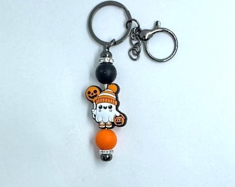 Halloween Ghost Keychain: Pumpkin Bucket, Orange Beanie - Spooky Bag Charm
