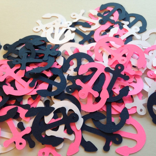 100 Hot Pink White Navy Anchor Confetti Nautical Die Cut Cutout Embellishment Table Scatter