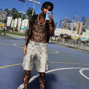 May include: A person wearing a black backpack, light grey shorts, and a long-sleeved shirt with detailed tattoos. They are holding a blue smartphone. The background shows a basketball court and a cityscape.