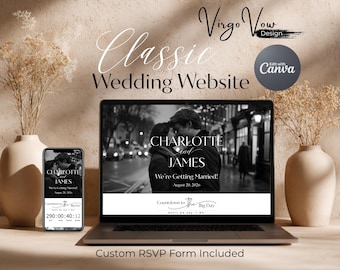 Modèle de site Web de mariage classique, modèle canva de site Web de mariage élégant, conception de site Web RSVP moderne, site Web de mariage modifiable pour couples
