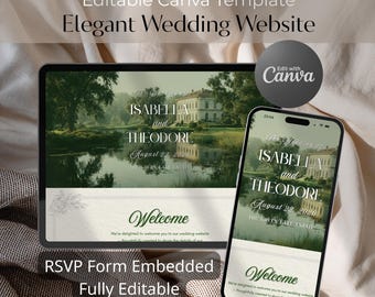 Modèle de site Web de mariage élégant au bord du lac, site Web en toile modifiable, formulaire RSVP inclus, faire-part de mariage numérique