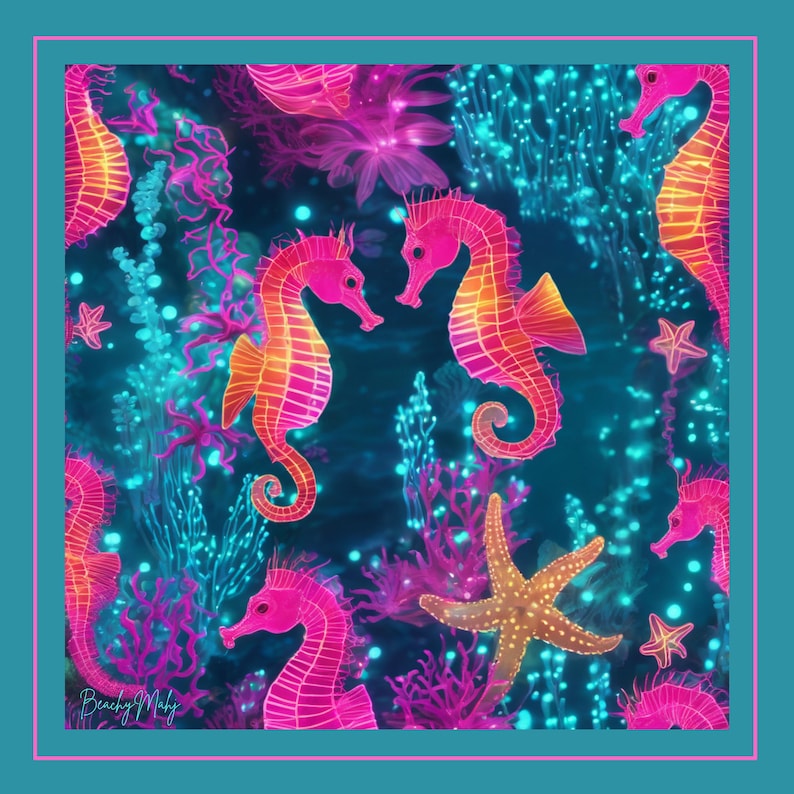 May include: A square, teal-bordered design featuring a vibrant underwater scene. Pink and orange seahorses swim among coral and starfish. The background is a deep blue with glowing teal accents. The words "Beachy Maby" are in the bottom left corner.