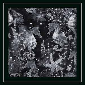 May include: Black and white illustration featuring seahorses, starfish, and coral. The seahorses are the focal point, with detailed outlines and a glowing effect. The design has a dark background with white highlights, creating a contrast.