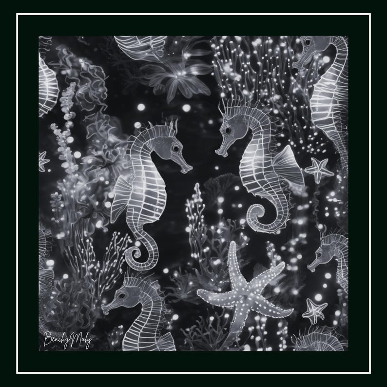 May include: Black and white illustration featuring seahorses, starfish, and coral. The seahorses are the focal point, with detailed outlines and a glowing effect. The design has a dark background with white highlights, creating a contrast.