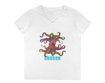 Colorful Octopus V-Neck T-Shirt, Fun Graphic Tee, Summer Outfit, Gift for Ocean Lovers, Casual Wear, Beach Day Essentials