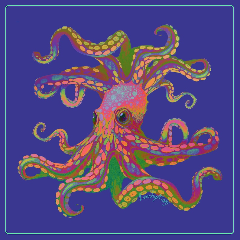 May include: A vibrant illustration of an octopus against a deep blue background. The octopus features a colorful palette of pink, orange, green, and yellow, with intricate details. The artwork is framed with a teal border and signed "beachyMary".