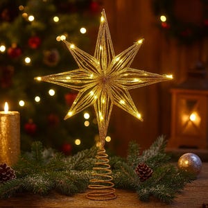 Könnte beinhalten: Ein goldfarbener Stern als Weihnachtsbaumspitze mit integrierten Lichtern. Der Stern hat eine glitzernde Oberfläche und steht auf einer spiralförmigen Basis. Die warmweißen Lichter erzeugen einen festlichen Glanz. Im Hintergrund sind ein Weihnachtsbaum und andere Dekorationen zu sehen.