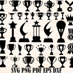 May include: A collection of black trophy silhouettes in various shapes and sizes. Some trophies feature stars, crowns, and laurel wreaths. The image includes the text "SVG PNG PDF EPS DXF".