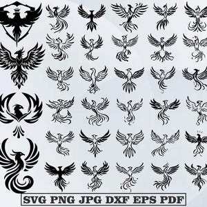 Könnte beinhalten: Eine Sammlung schwarzer Phönix-Designs in verschiedenen Posen, mit ausgebreiteten Flügeln und stilisierten Details. Das Bild enthält unten den Text "SVG PNG JPG DXF EPS PDF", der Dateiformate angibt.