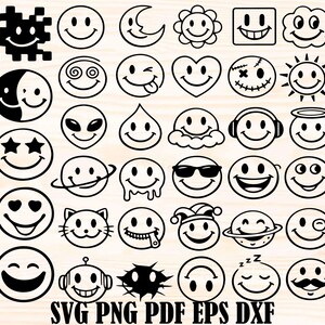 Könnte beinhalten: Eine Sammlung von schwarz-weißen Smiley-Gesichtern in verschiedenen Stilen, darunter Mond, Blume, Herz und Alien. Das Bild enthält auch den Text "SVG PNG PDF EPS DXF".