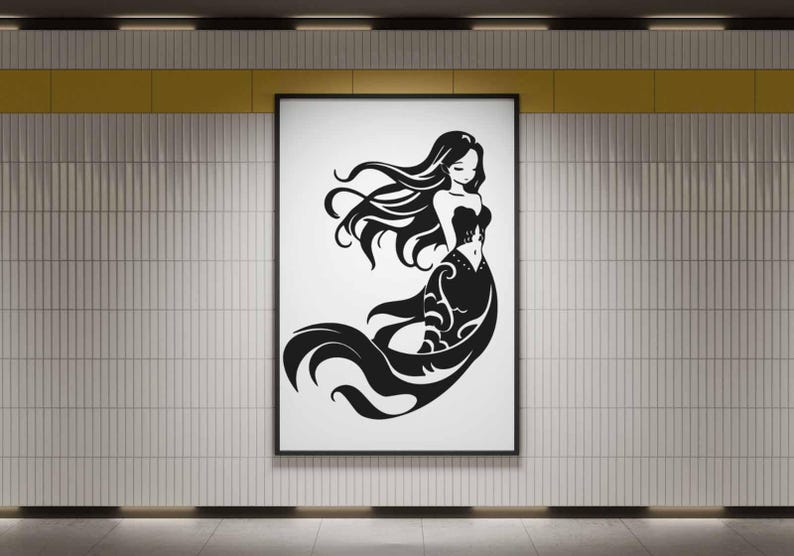May include: Black and white illustration of a mermaid with flowing hair and a decorative tail. The mermaid is depicted in a graceful pose, wearing a strapless dress. The artwork is framed and displayed on a wall with a tiled pattern.