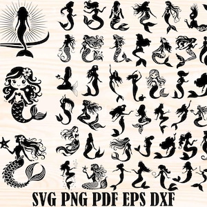 May include: A collection of black mermaid silhouettes in various poses, including mermaids with flowing hair, holding starfish, and swimming. The image includes the text "SVG PNG PDF EPS DXF".