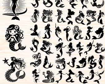 Paquete SVG de sirena, clipart de sirena, silueta de sirena, clip art de sirena, archivos de corte de sirena, PNG de sirena, vector de sirena, SVG de princesa