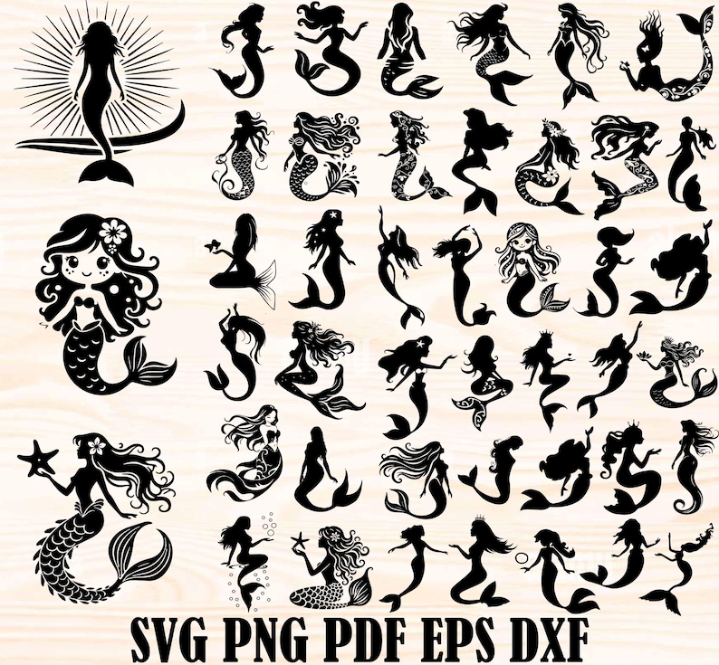May include: A collection of black mermaid silhouettes in various poses, including mermaids with flowing hair, holding starfish, and swimming. The image includes the text "SVG PNG PDF EPS DXF".
