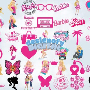 May include: A selection of pink Barbie-themed graphics and illustrations. The designs include the Barbie logo, silhouettes of Barbie, a butterfly, a mermaid, and other related elements. The text "Come on Barbie, Let's Go Party" is also visible.