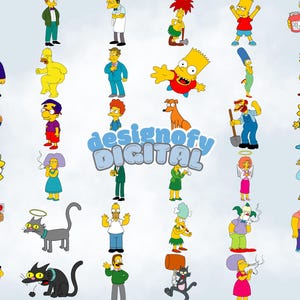 Może przedstawiać: Kolekcja naklejek z postaciami z kreskówki Simpsonowie, w tym Bart, Homer, Lisa i inni. Naklejki są w różnych pozach i strojach, z tekstem "designofy DIGITAL" pośrodku.