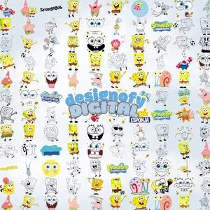 Puede incluir: Una colección de ilustraciones del personaje Bob Esponja en varias poses y estilos. Las imágenes incluyen versiones en color y en blanco y negro de Bob Esponja, Patricio Estrella y otros personajes de la serie animada. También está presente el texto "designofy DIGITAL".