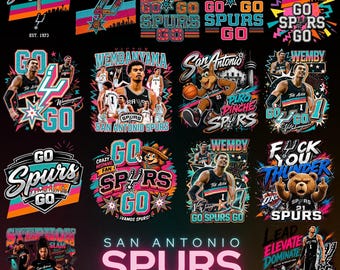 Paquete de más de 15 imágenes PNG de baloncesto de San Antonio, Go Spurs Go PNG, camiseta deportiva retro de los 90 de Victor Wembanyama, descarga digital de gráficos para el día del partido
