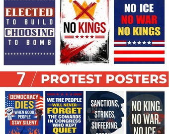 Paquete de carteles imprimibles de protesta anti-Trump, carteles "No Kings", "Resistir y defender la democracia" (imagen JPG), carteles para mítines de activistas políticos, descarga digital.