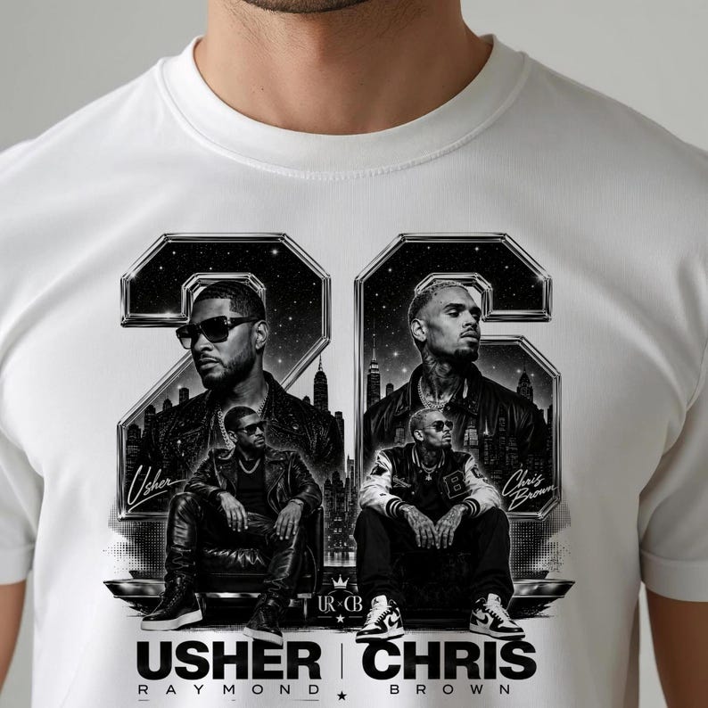A black and white digital art piece featuring portraits of singers Usher and Chris Brown sitting in front of a stylized city skyline with the text "USHER x CHRIS" and decorative "22" branding elements.