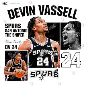 Pode incluir: Um design gráfico com o jogador de basquete Devin Vassell vestindo uma camisa do San Antonio Spurs com o número 24. O layout inclui várias imagens do jogador, o texto "DEVIN VASSELL", "SPURS", "SAN ANTONIO", "THE SNIPER", "DV 24" e "24".