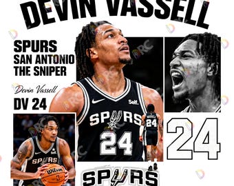 Devin Vassell PNG, diseño de camiseta de baloncesto de San Antonio, sublimación de camiseta gráfica estilo retro de los 90, descarga digital de transferencia DTF deportiva