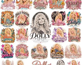 Puede incluir: Una colección de veinticinco diseños gráficos digitales que presentan a Dolly Parton, incluyendo varias ilustraciones de la cantante con mariposas, flores, guitarras y texto como Dolly Parton 1946-2026, Country Darling y Rhinestone Queen.