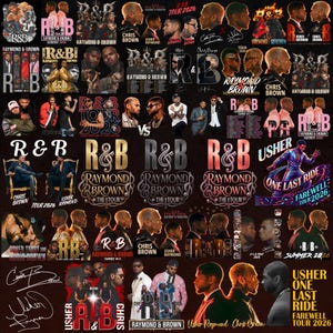 May include: A collection of R&B music tour posters featuring Chris Brown and Usher Raymond. The posters display portraits, tour dates, and the R&B logo. The colour scheme includes black, white, red, and gold.
