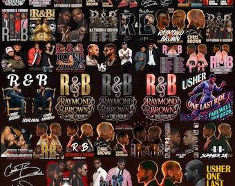 Paquete de más de 120 imágenes PNG de la gira de Chris Brown y Usher por R&B en 2026, gráficos de camisetas de rap vintage, diseño de camisetas de conciertos piratas de Raymond y Brown, descarga digital.