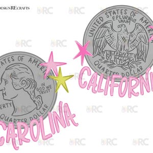 Può includere: Due illustrazioni di quarti di dollaro USA con accenti di stelle rosa e gialle. Un quarto presenta un profilo, la parola "Carolina" in corsivo rosa. L'altro quarto mostra un'aquila con la parola "California".