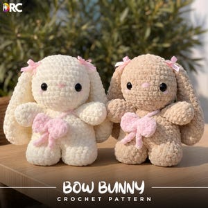 May include: Two crochet bunny toys, one cream and one tan, each with a pink bow and small pink bows on their ears. The bunnies have black eyes and are made with a textured yarn. The text "BOW BUNNY CROCHET PATTERN" is at the bottom.