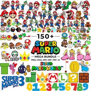 May include: A collection of Super Mario Bros. themed graphics, including characters like Mario, Luigi, and Princess Peach, along with various game elements. The image includes the text "150+ Super Mario Mega Bundle".