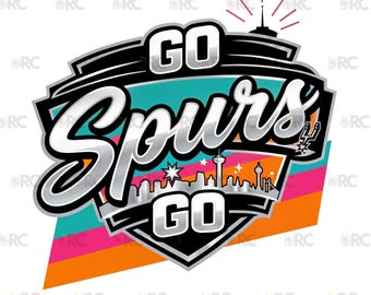 Go Spurs Go PNG, Gráfico del horizonte de baloncesto de San Antonio, Sublimación de colores fiesta, Diseño de camiseta retro metálica de los Spurs Descarga digital