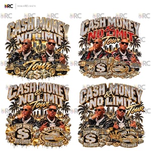Puede incluir: Un diseño gráfico digital con cuatro variaciones de ilustraciones para la gira Cash Money y No Limit. Cada diseño incluye dos hombres con gafas de sol, palmeras, horizontes urbanos, coches de lujo, fajos de billetes y logotipos brillantes.
