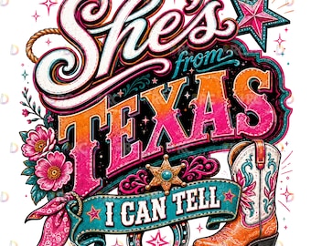 Ella es de Texas, chica country del oeste, gráfico retro, arte de botas vaqueras rosas y turquesas, diseño de camiseta por sublimación con orgullo texano.