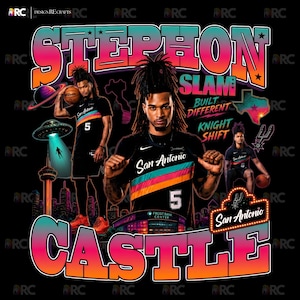 May include: A graphic design featuring a basketball player in a black jersey with the text "San Antonio" and the number 5. The design includes the words "STEPHON SLAM CASTLE" in vibrant colors, along with other graphics and text.