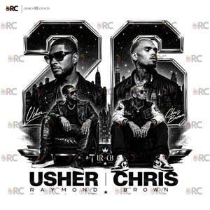 A black and white digital art piece featuring portraits of singers Usher and Chris Brown sitting in front of a stylized city skyline with the text "USHER x CHRIS" and decorative "22" branding elements.