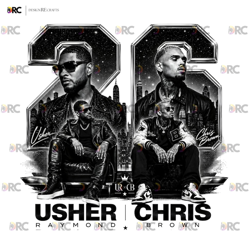 A black and white digital art piece featuring portraits of singers Usher and Chris Brown sitting in front of a stylized city skyline with the text "USHER x CHRIS" and decorative "22" branding elements.