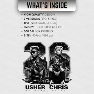 A black and white digital art piece featuring portraits of singers Usher and Chris Brown sitting in front of a stylized city skyline with the text "USHER x CHRIS" and decorative "22" branding elements.