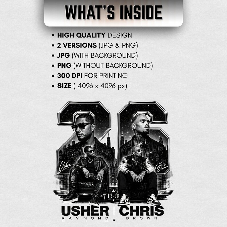 A black and white digital art piece featuring portraits of singers Usher and Chris Brown sitting in front of a stylized city skyline with the text "USHER x CHRIS" and decorative "22" branding elements.
