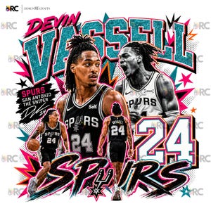 Pode incluir: Um design gráfico apresentando o jogador de basquete Devin Vassell com camisas do San Antonio Spurs. A imagem inclui o texto "DEVIN VASSELL", "SPURS", "SAN ANTONIO", "THE SNIPER", "DV 24" e o número "24" com detalhes em azul-petróleo, preto e branco.