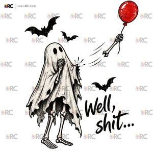 May include: A black and white illustration of a skeleton wearing a sheet like a ghost, looking at its own detached skeletal arm floating away while holding a bright red balloon. Three black bats fly above, and the text reads Well, shit...