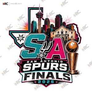 May include: A graphic design featuring the San Antonio skyline, the Alamo, and a basketball trophy. The text reads SA, San Antonio Spurs Finals, and 2026. The design is set against a Texas-shaped outline with teal, pink, and black color accents.