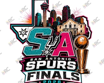 Finales de los San Antonio Spurs 2026 PNG, Gráfico del horizonte del baloncesto de SA Texas Alamo, Diseño de sublimación de arte de fans del campeonato con colores de fiesta.