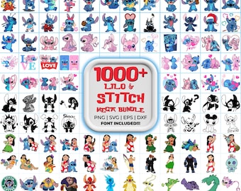 Paquete de más de 1000 imágenes prediseñadas de Lilo & Stitch en formato PNG, SVG y EPS, megapack de dibujos animados, archivos de sublimación para camisetas, vasos y pegatinas, camisetas de Lilo y Stitch.
